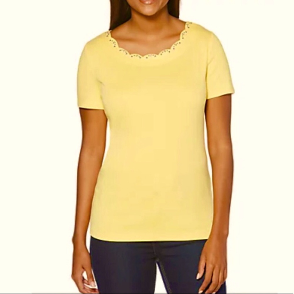 Rafaella scallop neck embellished short sleeve top